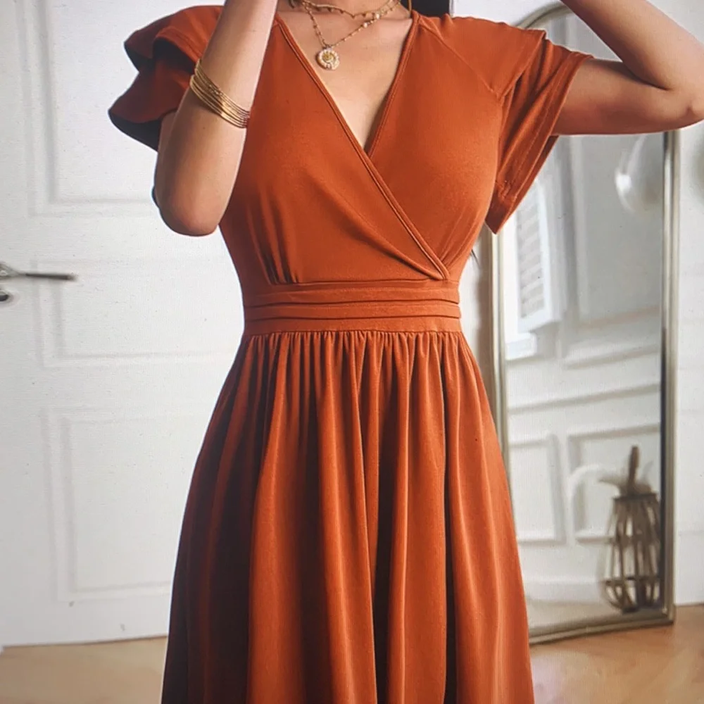 Elegant Rust Wrap V-Neck Midi Dress - Picture 2 of 5